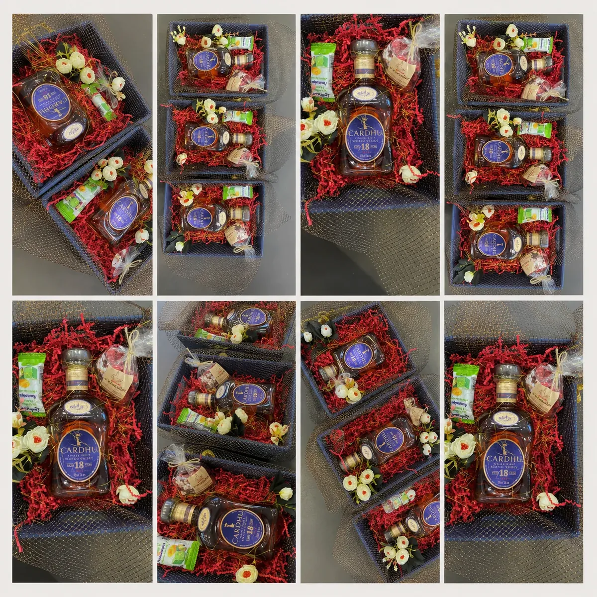Gift baskets with Cardhu 18 whisky and gourmet treats at Anagnostatos Liquor Store, Argostoli
