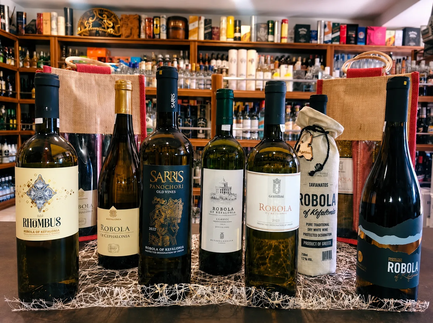 Selection of authentic Robola of Kefalonia wines displayed inside Anagnostatos Liquor Store in Argostoli, Kefalonia, Greece.